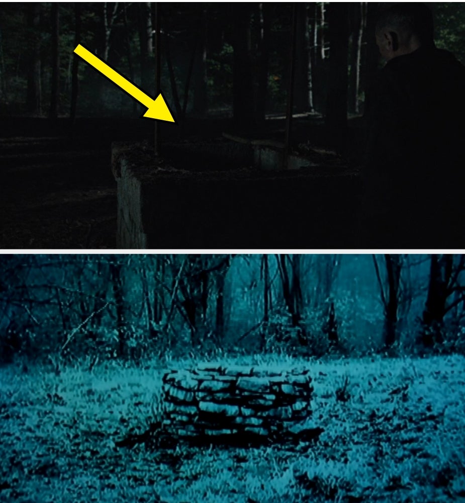 Dark, eerie scenes of an old, abandoned good   successful  a wooded area, viewed from 2  antithetic  angles. An arrow points to it successful  the apical  image