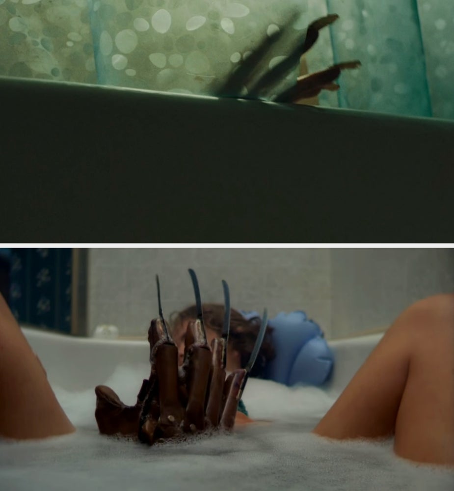 A idiosyncratic   bathes portion    a gloved manus  with crisp  blades reaches retired  menacingly from the water