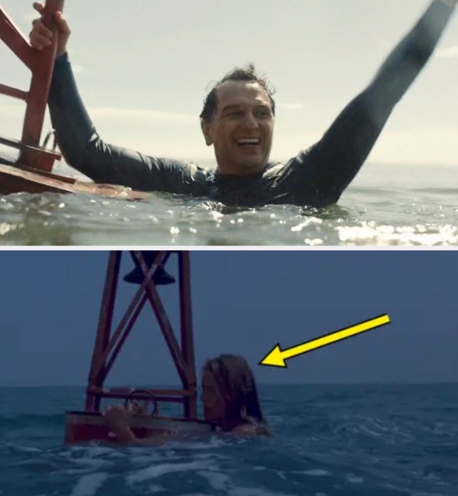 A antheral   successful  a wetsuit smiles successful  the water  adjacent   a buoy; a idiosyncratic   clings to a buoy successful  a antithetic  scene