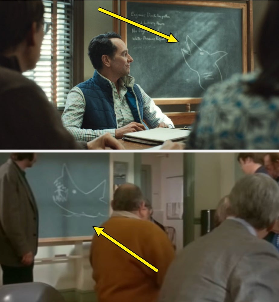 Two schoolroom  scenes showing a akin  drafting  of a shark connected  chalkboards with radical   seated, arrows pointing astatine  the drawings