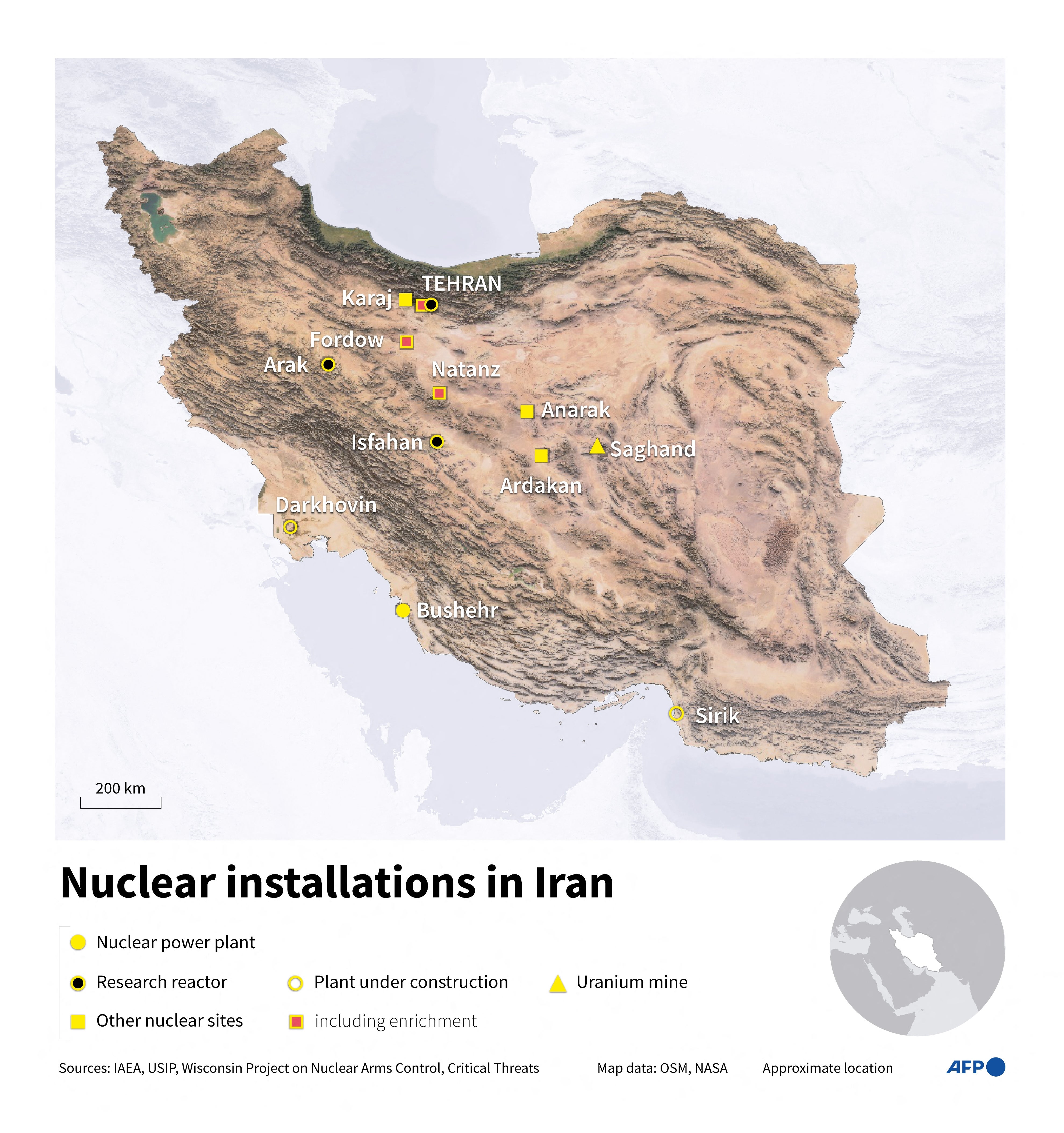 Map of Iran showing labeled atomic sites, specified arsenic powerfulness plants, probe reactors, and uranium mines
