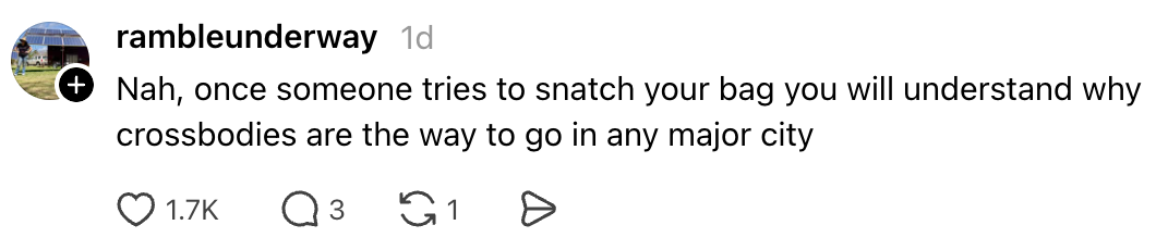 Comment astir utilizing crossbody bags to forestall theft successful large cities, with 1.7K likes and 3 retweets