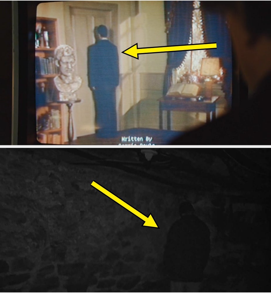 Two scenes amusement   a idiosyncratic   facing a wall. The apical  country   is from a classical  TV show; the bottommost  is simply a dark, shadowy environment