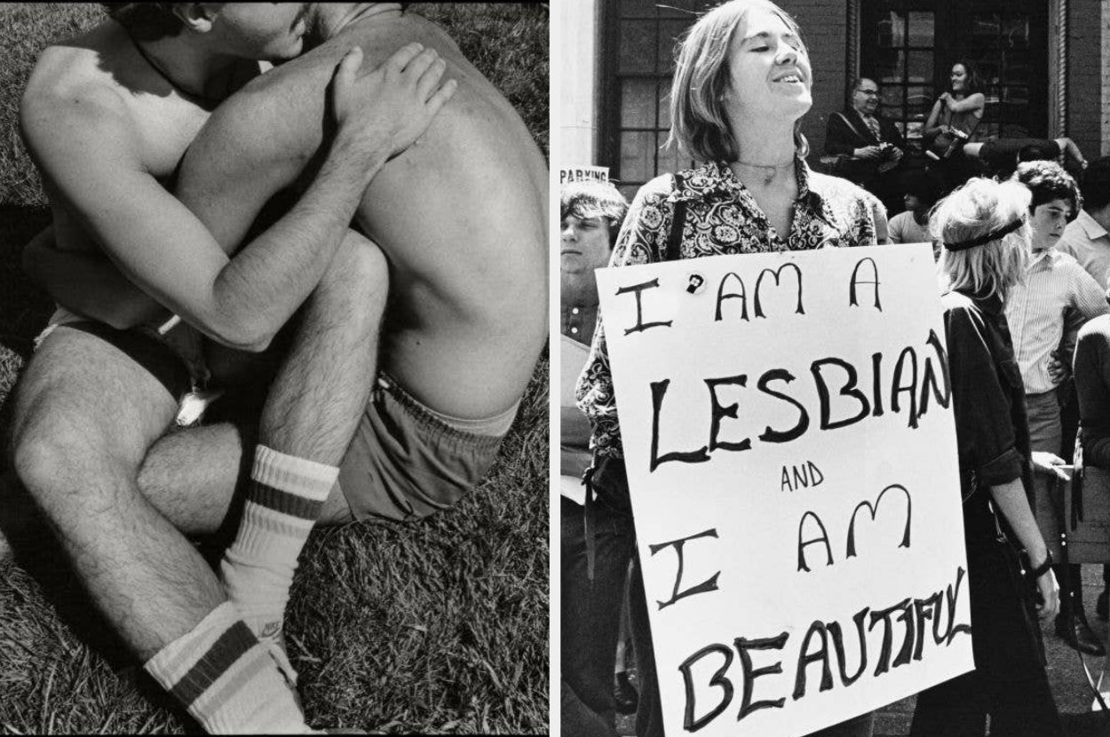Two images: the left shows two people embracing on grass; the right shows a person holding a sign that reads "I am a lesbian and I am beautiful."