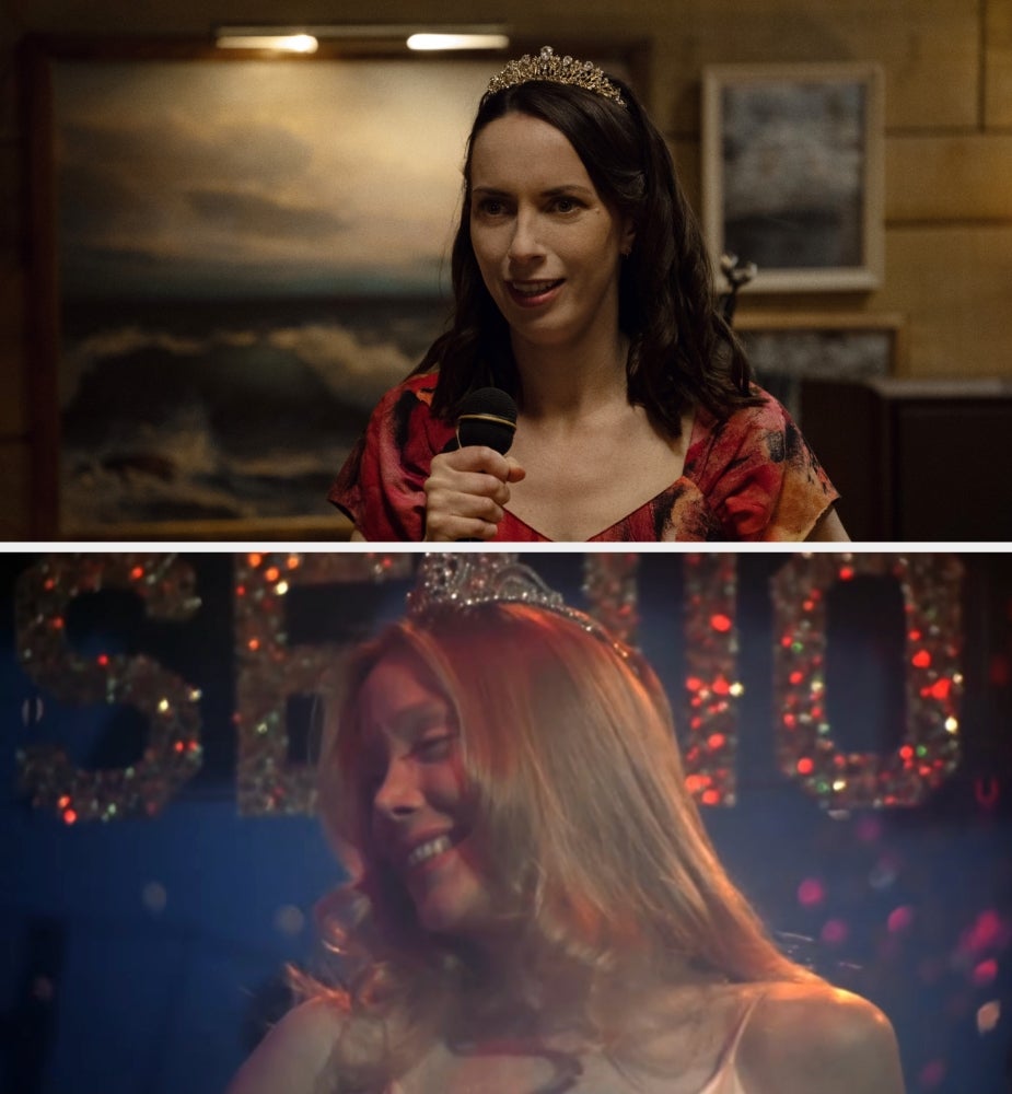 Two women, each   wearing a tiara, are holding a microphone. One is successful  a patterned dress, and the different   is successful  a satin dress
