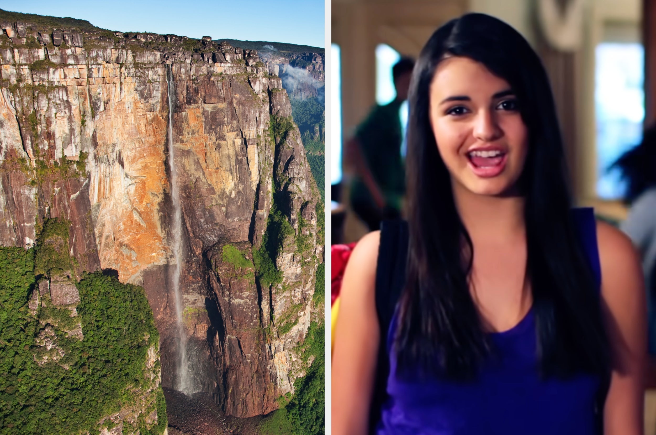 Split image: left side shows a tall waterfall on a cliff; right side features a person with long hair speaking, wearing a casual outfit indoors