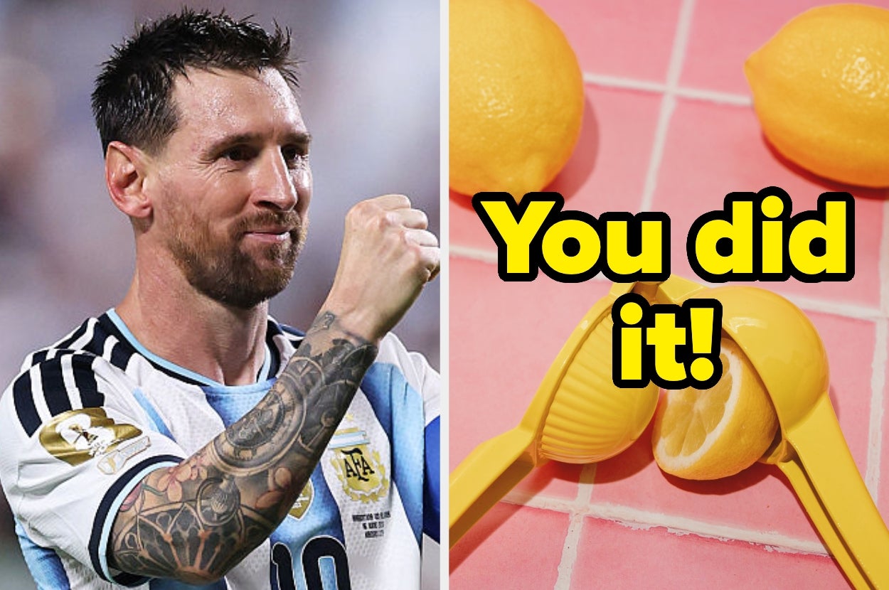 Messi celebrates; right, a lemon juicer and lemons with text "You did it!"