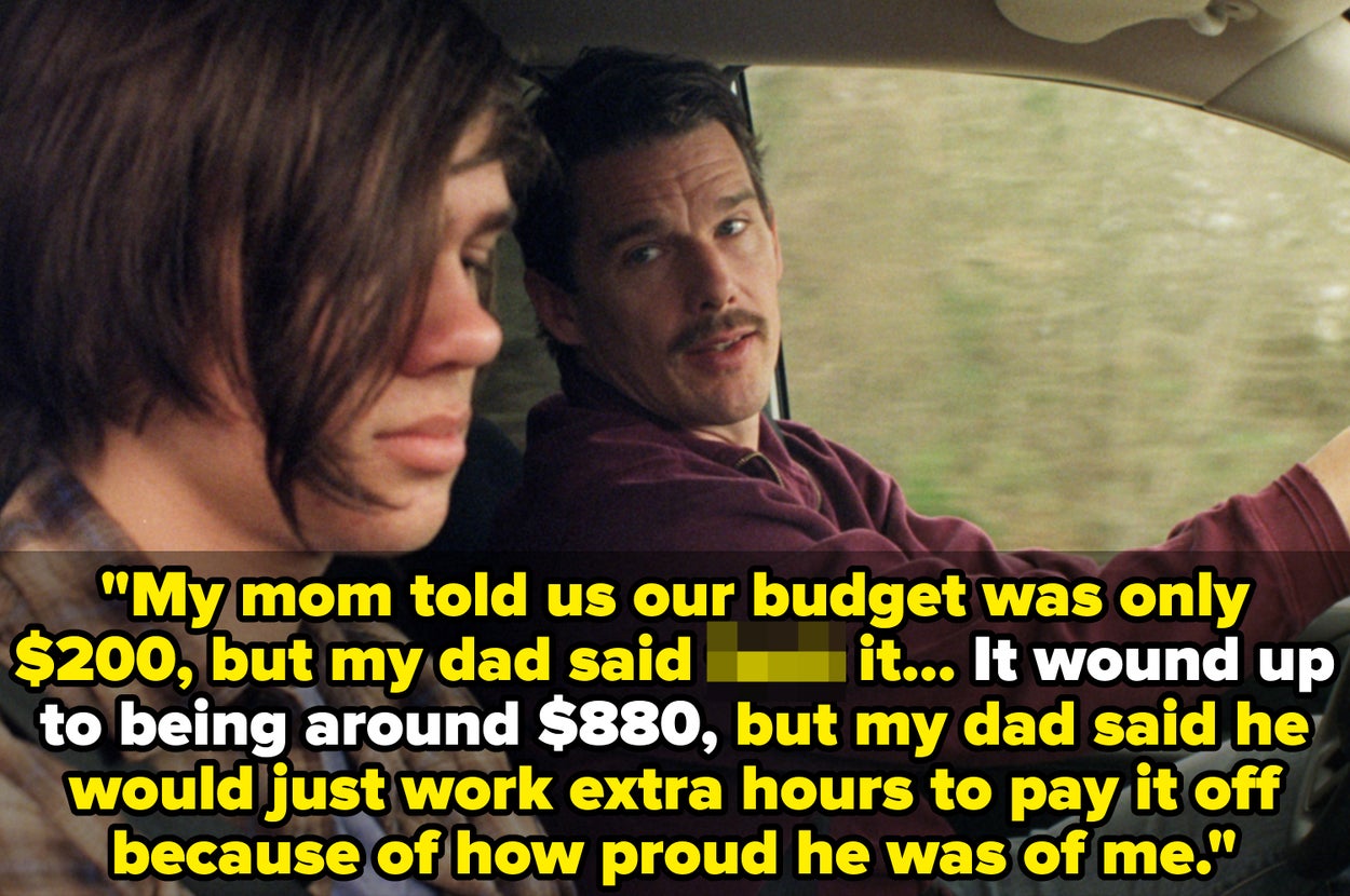 Two people in a car; one speaks of a proud parent going beyond a $200 budget, spending $880, with plans to work extra hours to cover it