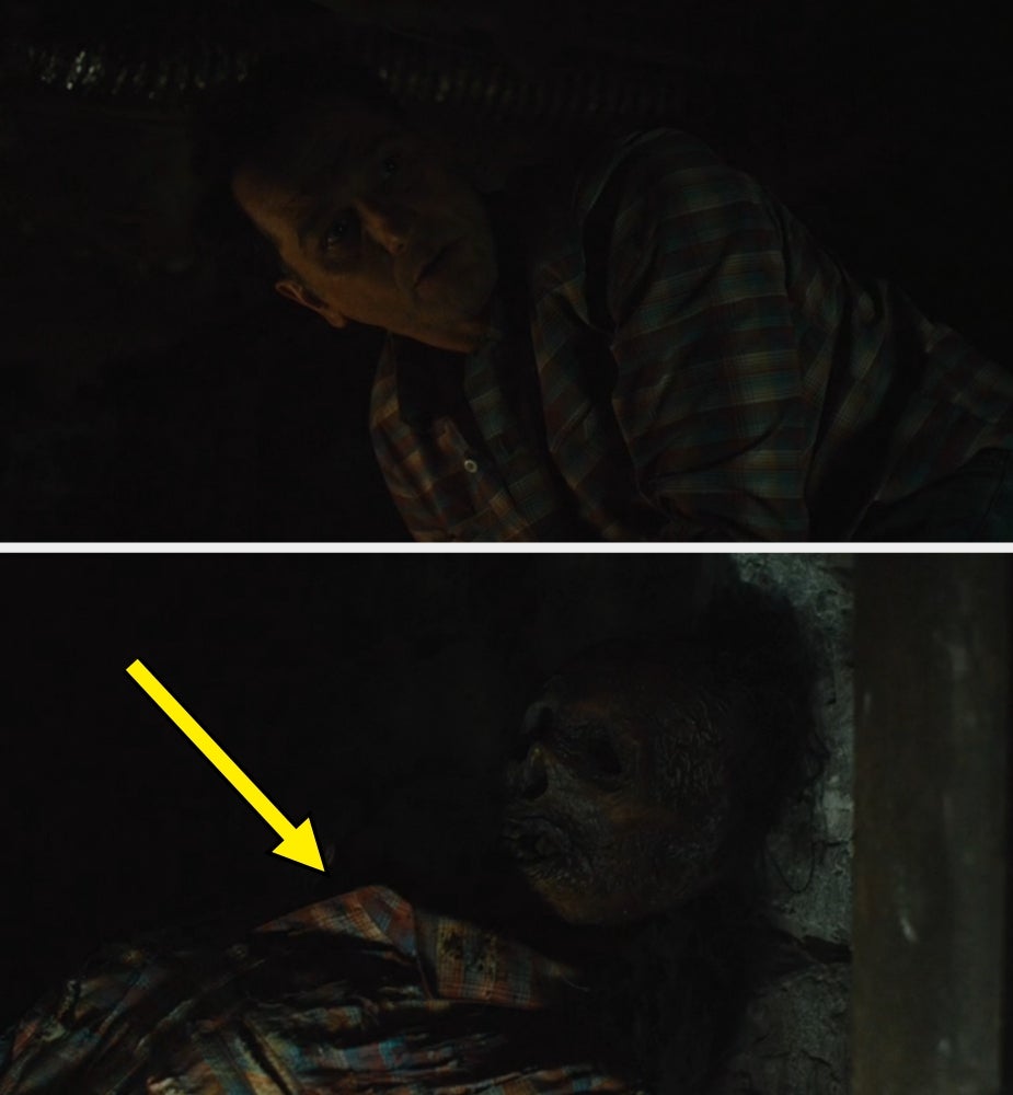  a antheral   successful  a plaid garment  looks upward, and a decayed skeleton covered by a plaid cloth. An arrow points to the skeleton