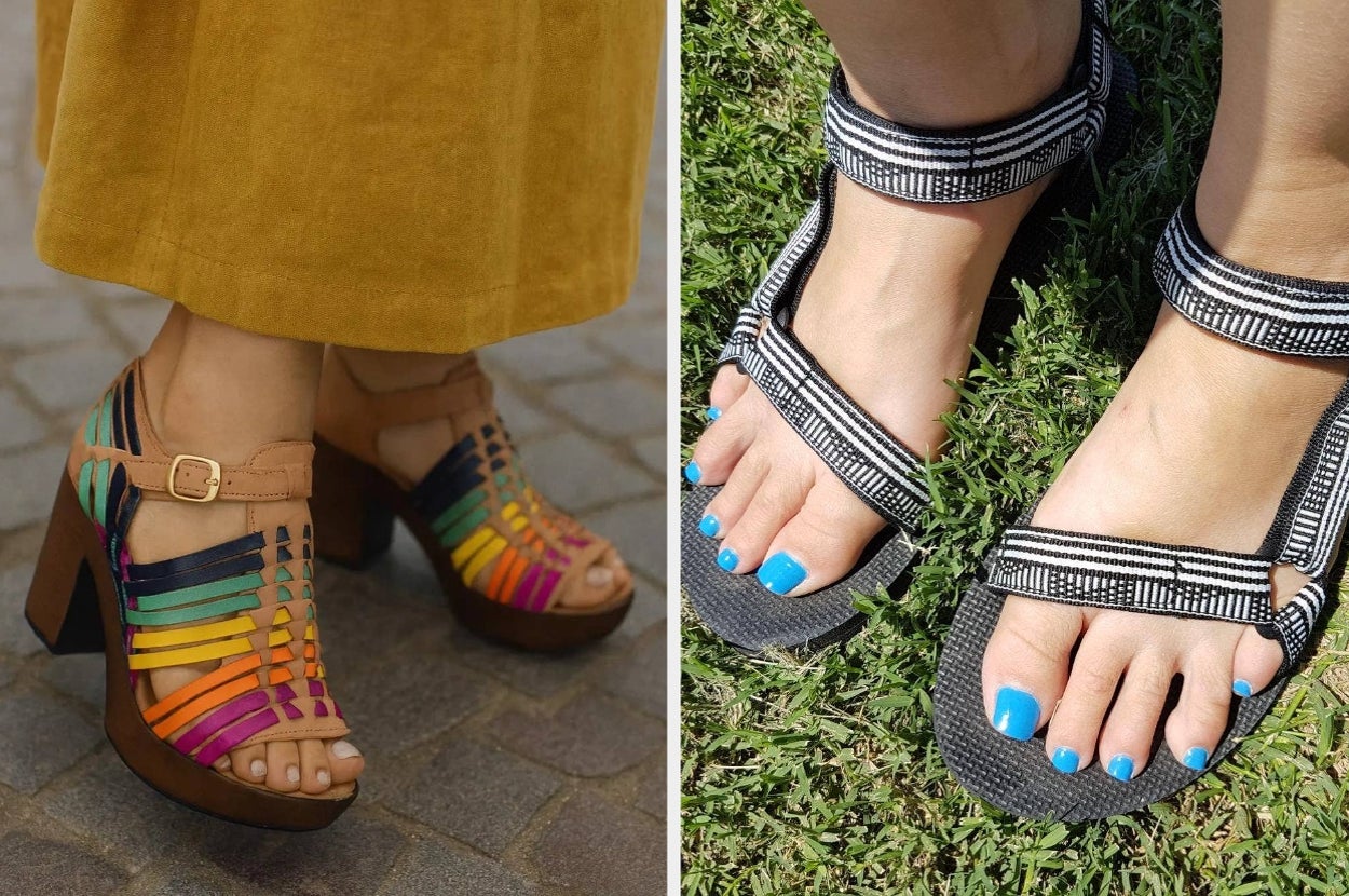 Two pairs of sandals: one with colorful woven straps and block heels, the other with black-and-white striped straps, worn outside