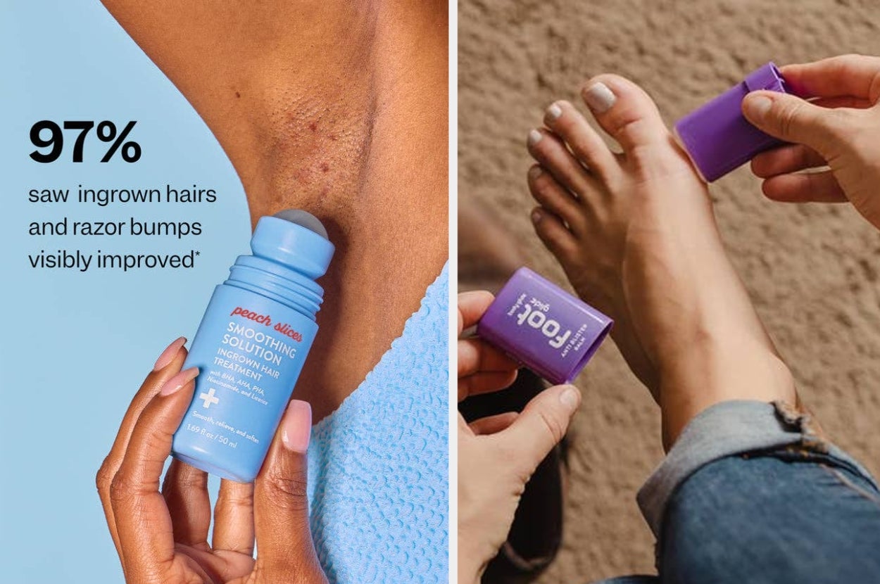 Left: Person applies smoothing lotion to armpit with visible bumps. Right: Someone uses a purple foot care product on a foot