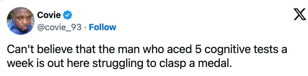 Tweet humoristiske kommentarer om noen som har problemer med å gripe en medalje til tross for at de utmerket seg i kognitive tester