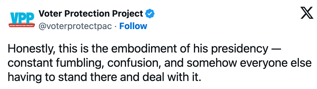 Tweet av Voter Protection Project kritiserer et presidentskap, og beskriver det som preget av fomling og forvirring som påvirker andre