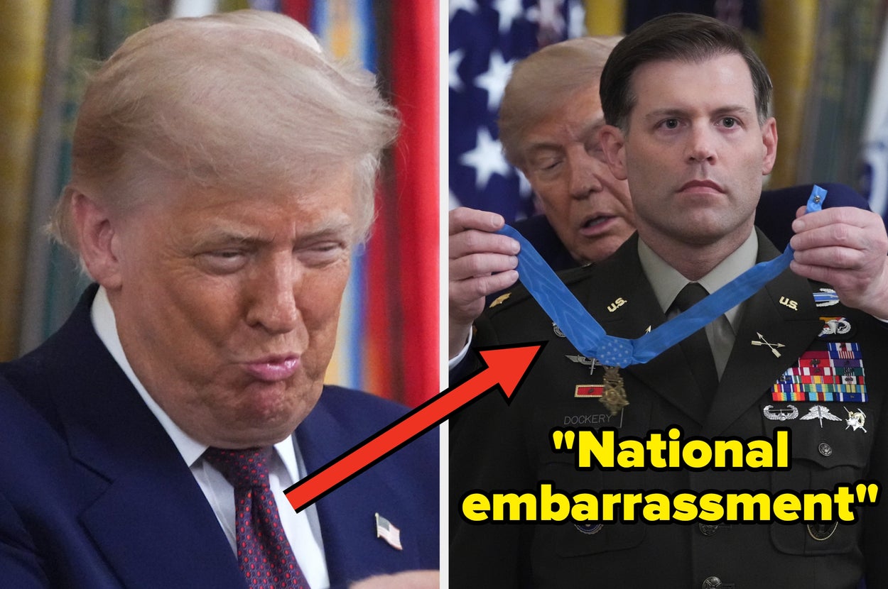 A military officer receives a medal from a man in a suit. A yellow arrow points to them from a previous image of the same suited man