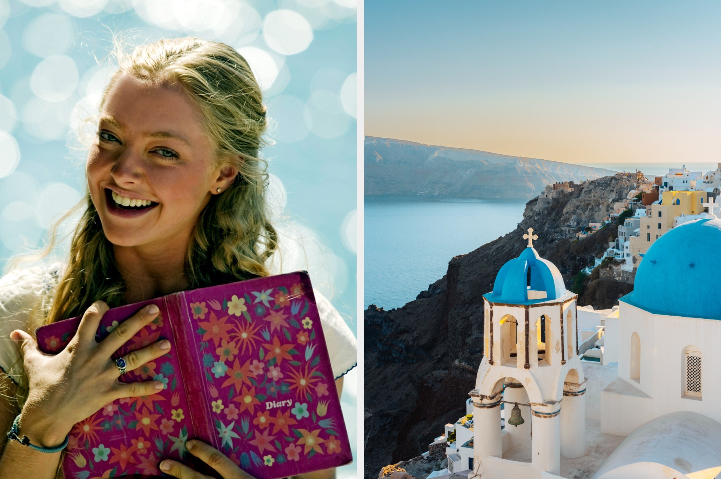 Smiling woman holding a floral diary; scenic coastal view with iconic blue-domed buildings on a hillside