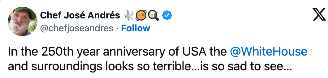 Tweet av kokk José Andrés: Uttrykker tristhet over utseendet til omgivelsene i Det hvite hus på USAs 250-årsjubileum