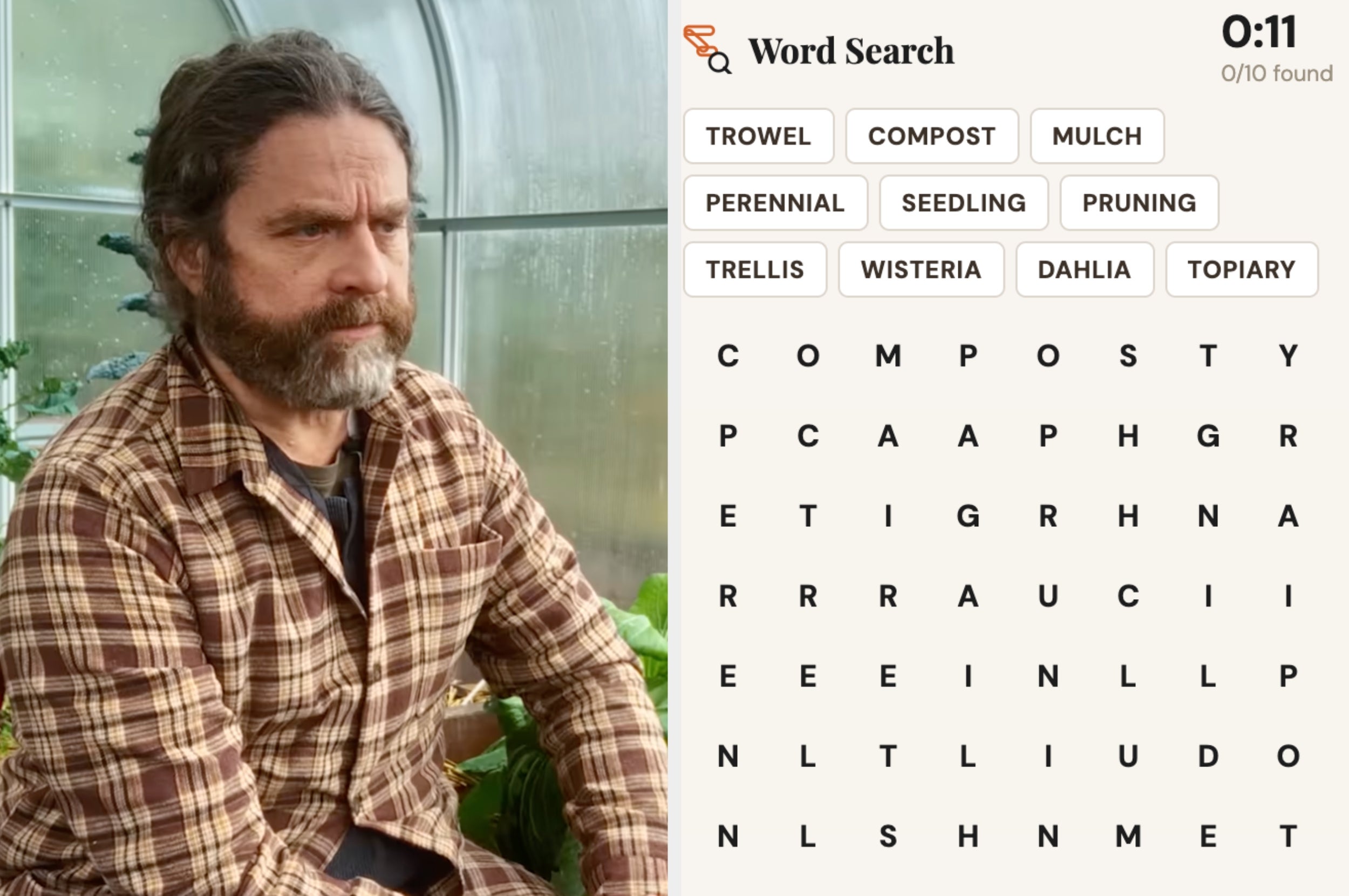 A person in a greenhouse, wearing a plaid shirt, sits next to a word search game featuring gardening terms like "trowel" and "wisteria."