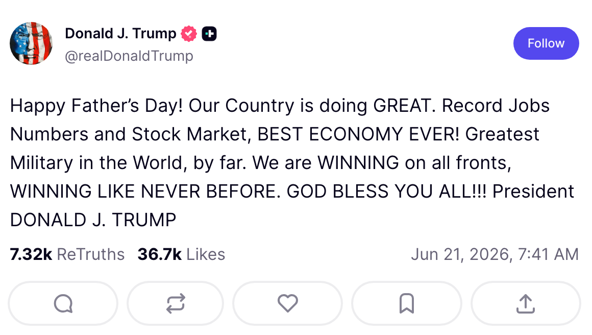 Donald J. Trump tweet som feirer farsdagen, økonomisk suksess og militær styrke, datert 21. juni 2026