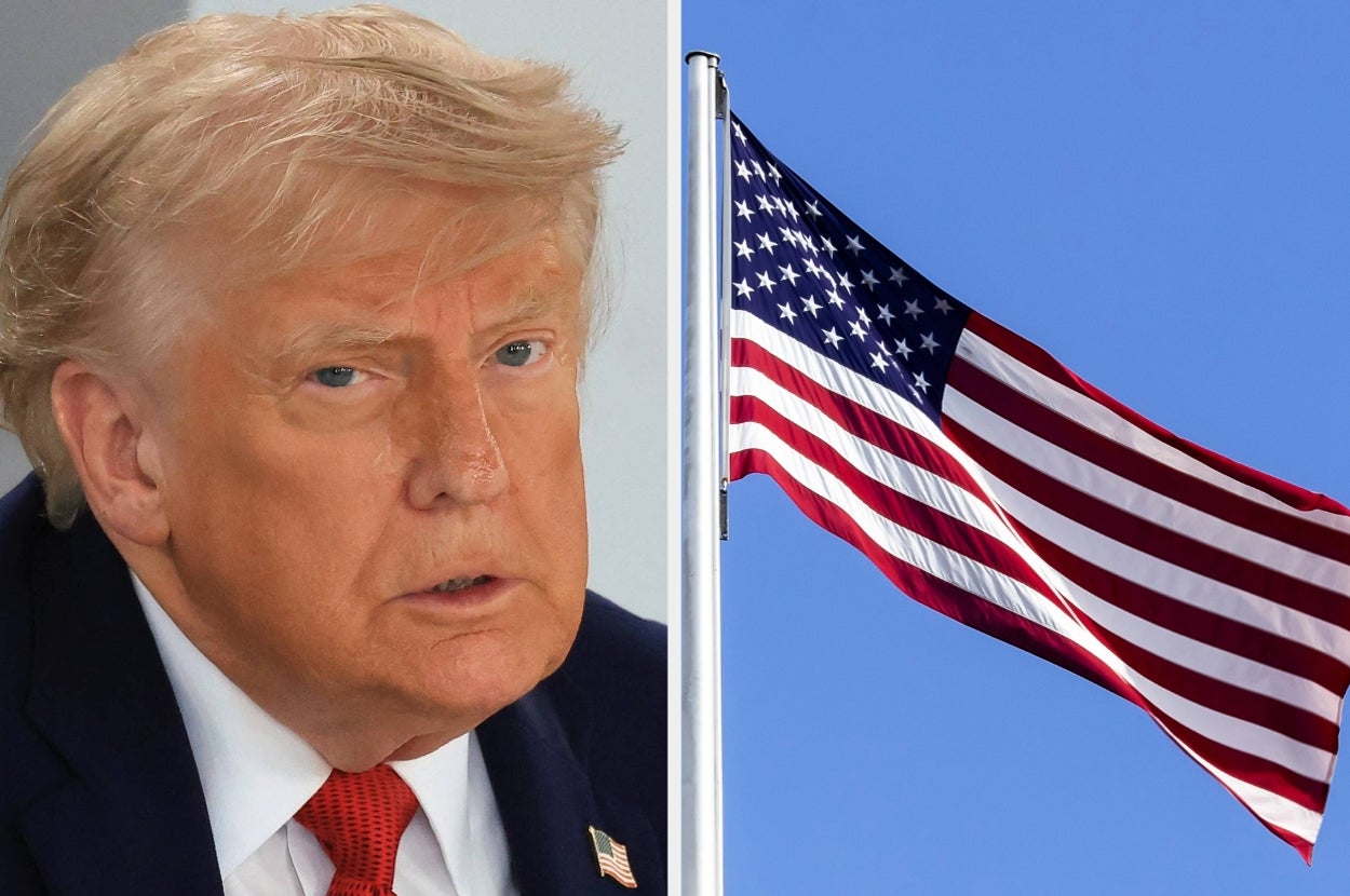 Donald Trump in a suit vs an American flag waving against a clear sky