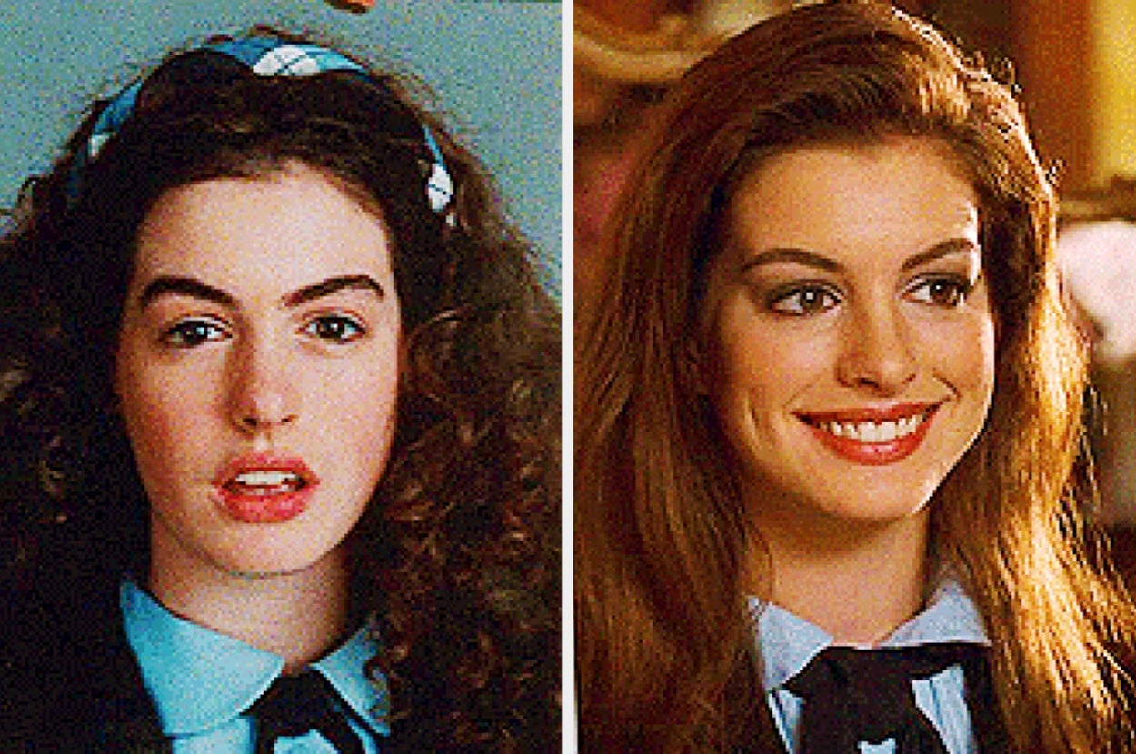 Two images of a young woman in a school uniform. Left: curly hair and minimal makeup. Right: styled hair and makeup, smiling warmly