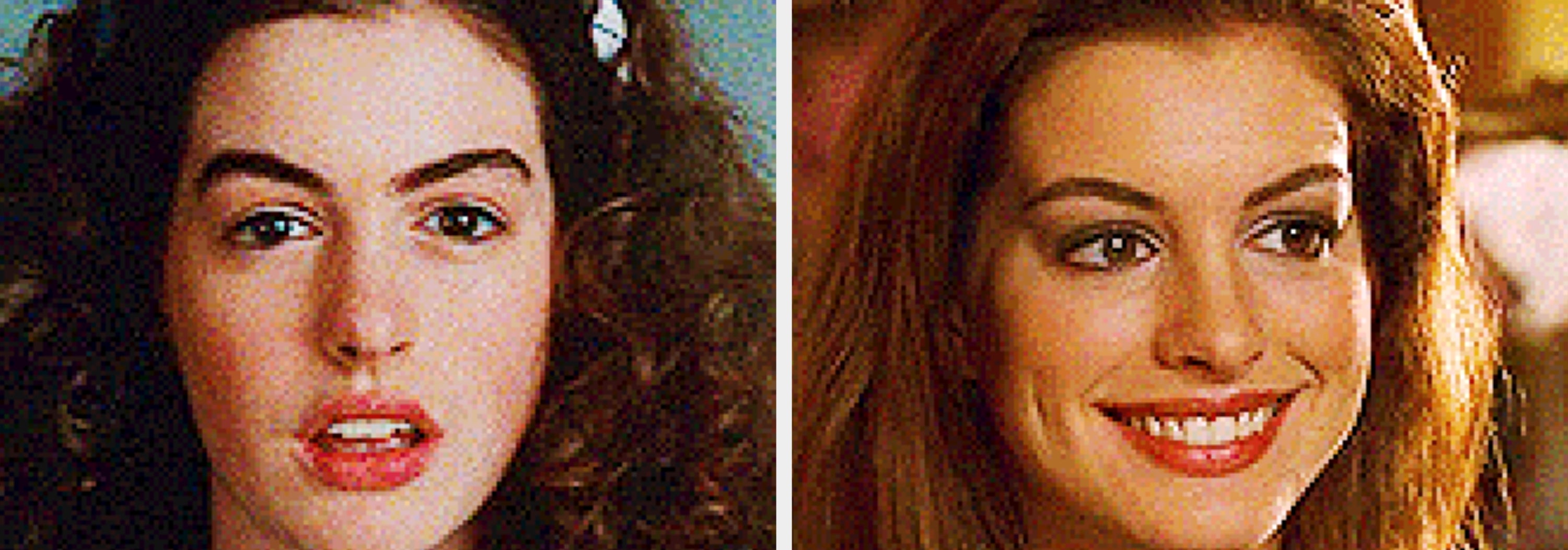 Two images of a young woman in a school uniform. Left: curly hair and minimal makeup. Right: styled hair and makeup, smiling warmly