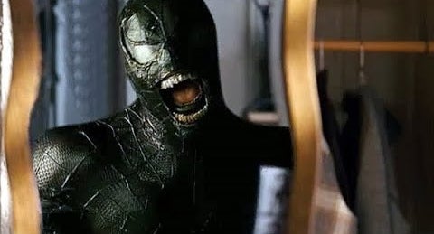 Character successful  a black, textured superhero costume resembling a symbiote appears menacingly successful  a reflector  reflection