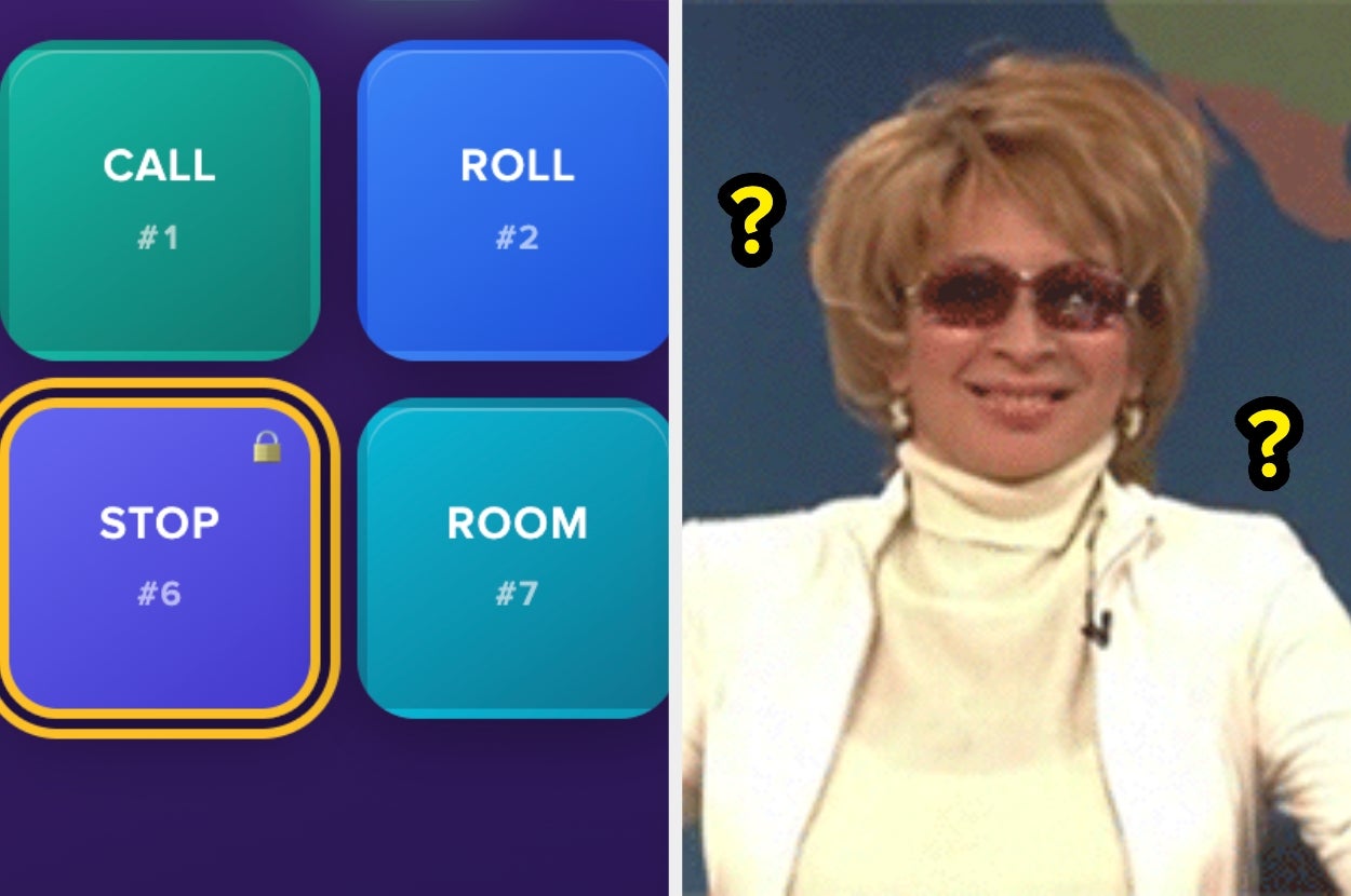 Game interface showing words "Call," "Roll," "Stop," "Room" paired with a humorous image of a woman with sunglasses and a questioning expression