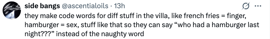 Text from a tweet discussing codification words for intimate activities, utilizing nutrient presumption arsenic euphemisms