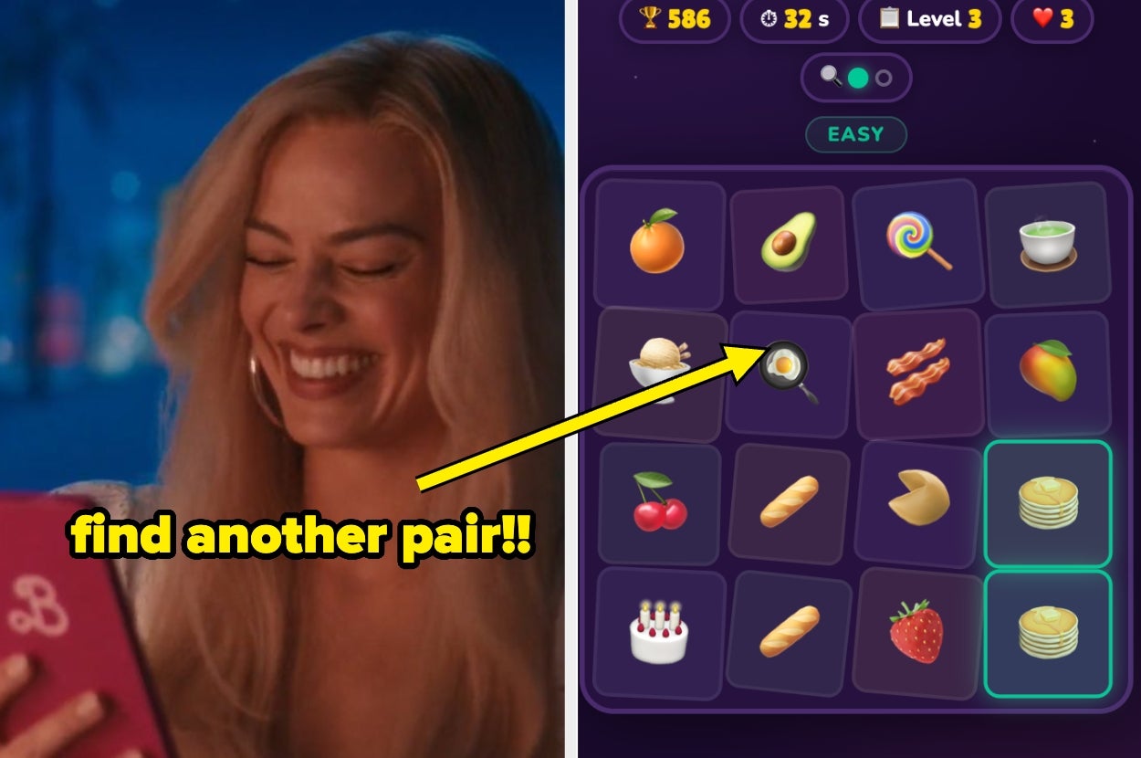 Person laughing next to a puzzle game on screen with playful icons and a prompt: "find another pair!!"