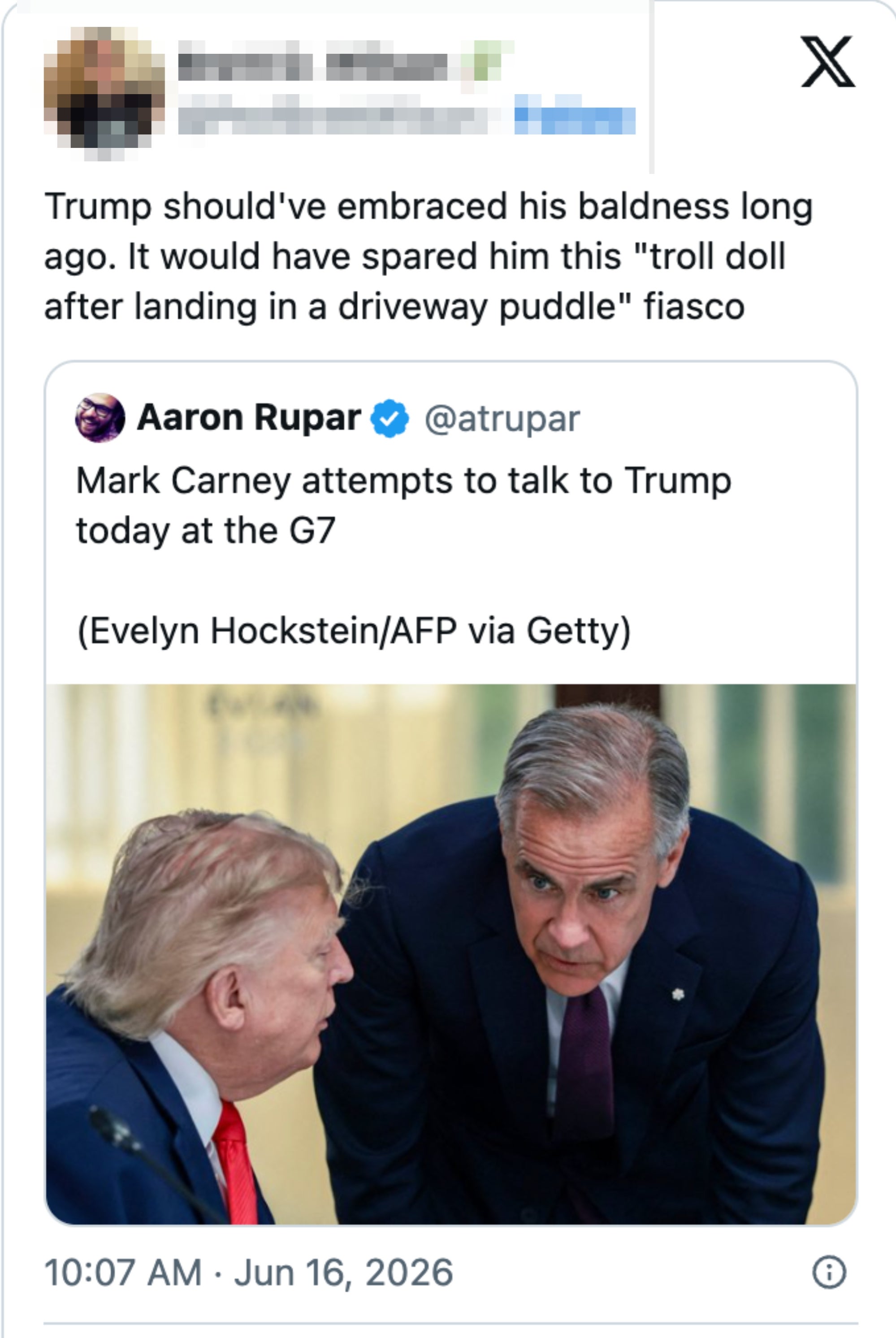 Screenshot of a Twitter speech criticizing Trump, featuring Brett D. Wilson's and Aaron Rupar's tweets with an representation of Mark Carney astatine the G7