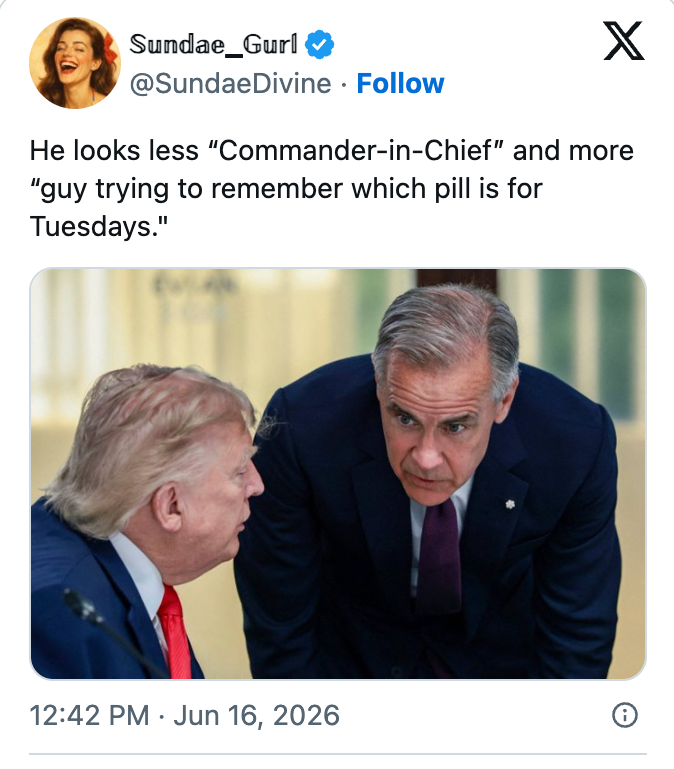Two men successful suits are engaged successful conversation; 1 is sitting, the different leaning guardant attentively. Text supra makes a humorous remark astir Tuesday pills