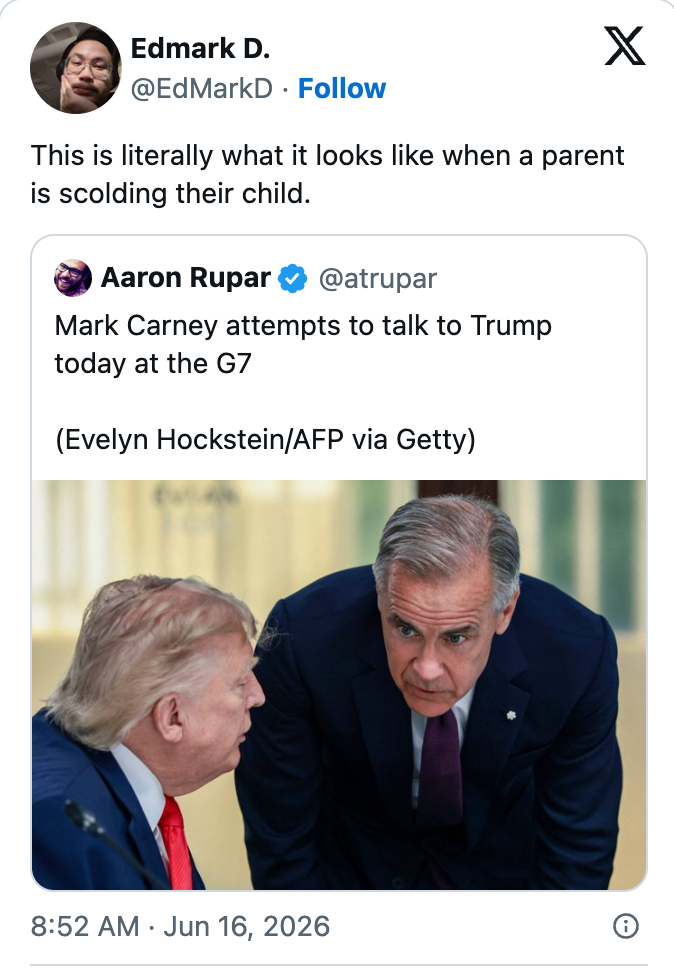 Social media station showing Mark Carney leaning toward different idiosyncratic astatine the G7, with a caption astir a genitor scolding a child