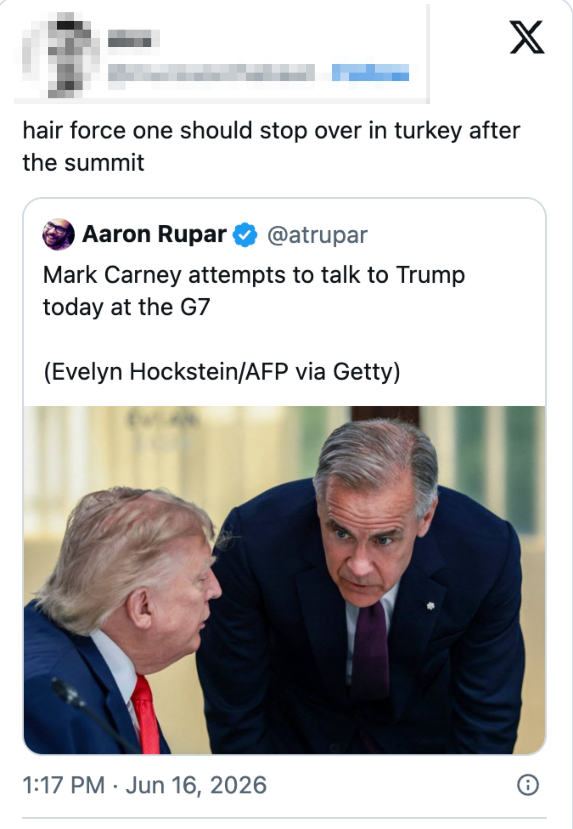 Twitter station screenshot discussing a imaginable stopover successful Turkey by "Hair Force One" aft the G7 summit, with an representation of Trump and Mark Carney