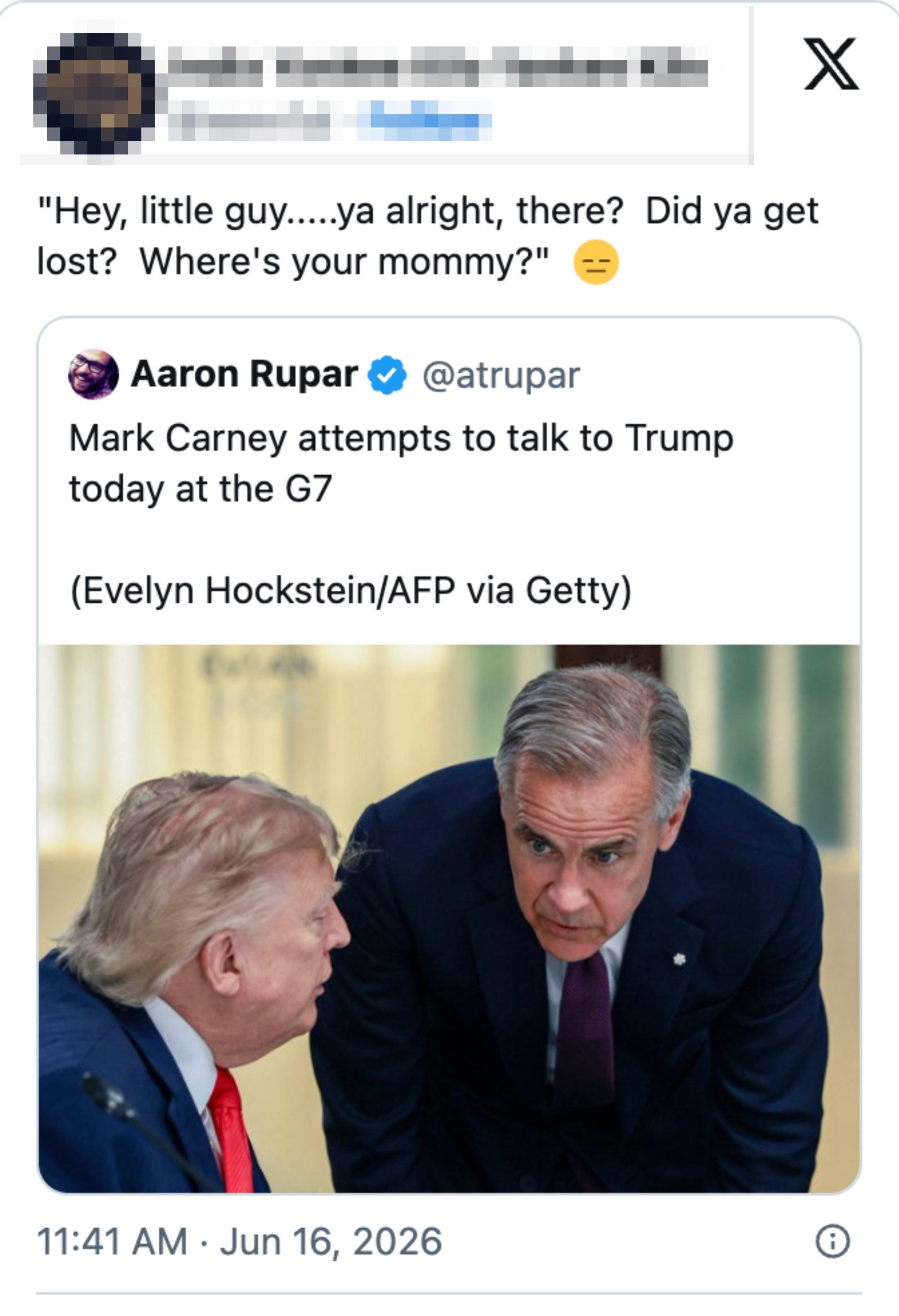 Screenshot of a tweet by Aaron Rupar showing Mark Carney talking to Trump with a humorous caption supra astir getting lost