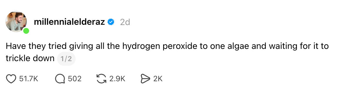 Sosiale medier publiserer vitser om å gi hydrogenperoksid til alger og vente på sildeeffekter