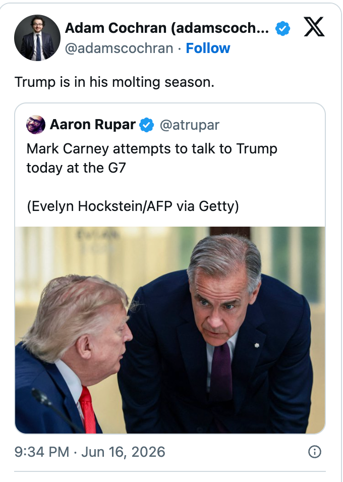 "Trump is successful his molting season." Below is simply a tweet by Aaron Rupar showing Trump talking to Mark Carney astatine the G7