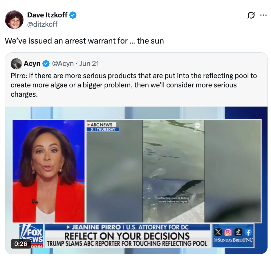 Tweet dengan lucu mengeluarkan surat perintah penangkapan terhadap matahari dengan tangkapan layar segmen berita yang menampilkan Jeanine Pirro membahas masalah lingkungan