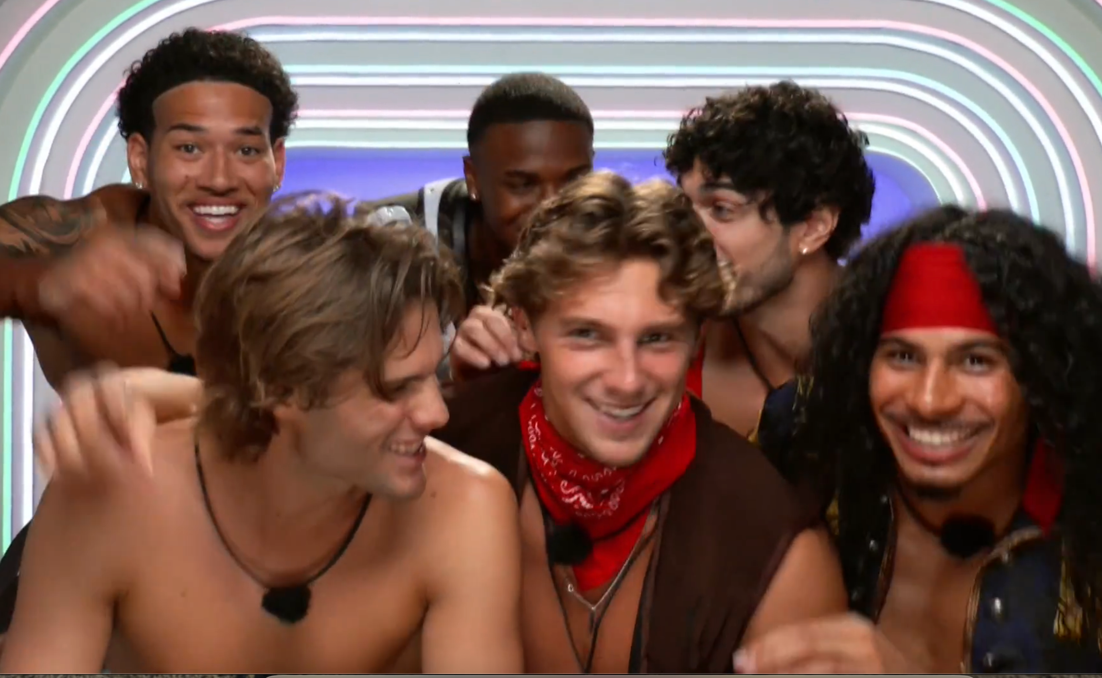 A radical  of smiling radical   successful  casual attire are gathered closely, immoderate   wearing bandanas, successful  a lively and playful setting