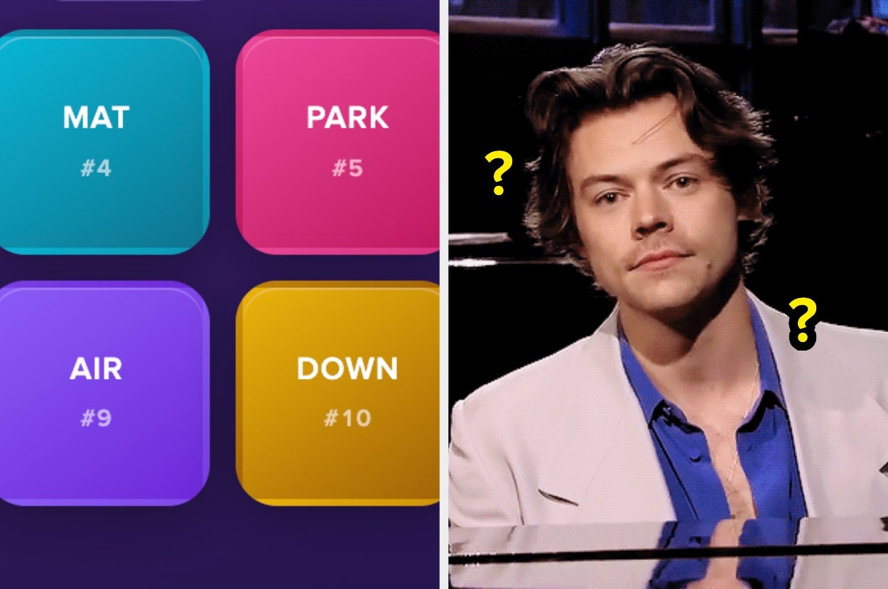 A person in a suit is beside a word puzzle grid featuring words like "Mat," "Park," "Air," and "Down." The category is Games
