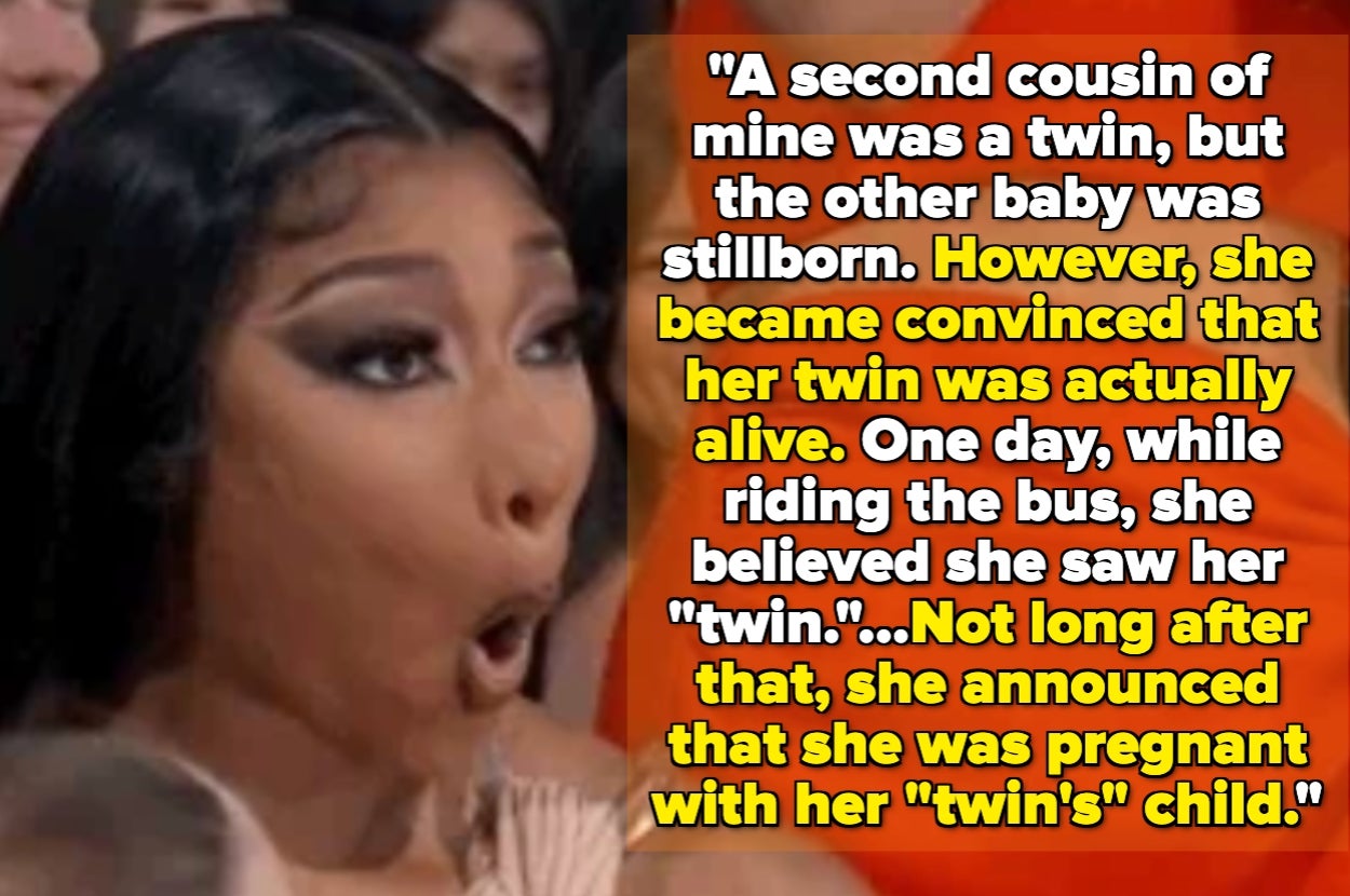 A person with a surprised expression is in the forefront. The text recounts a woman believing she saw her twin, who was stillborn, and becoming pregnant soon after