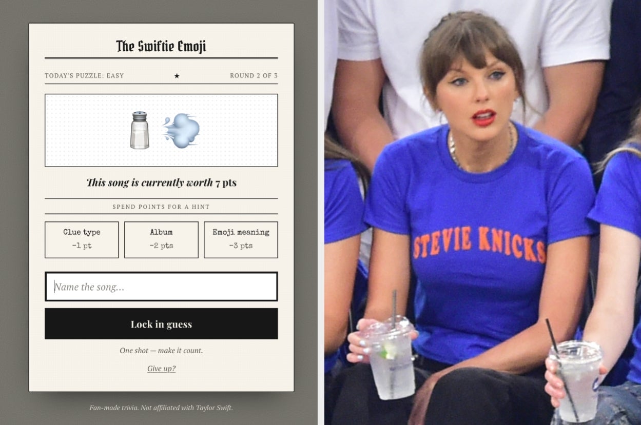 Popular singer in casual jeans and a "Stevie Knicks" shirt at a sports event. Game interface on left shows an emoji puzzle with a salt shaker and wind
