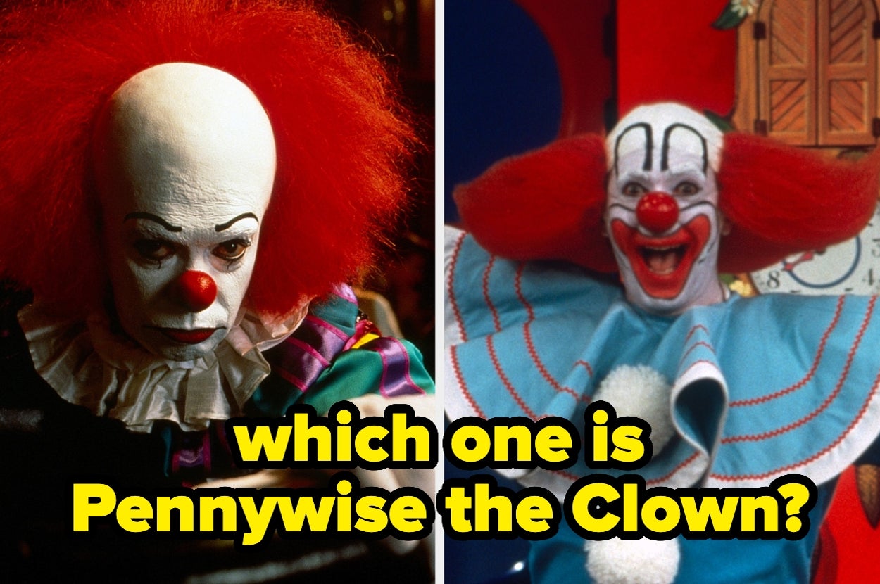 Two clowns with red noses and exaggerated makeup. Text asks, "which one is Pennywise the Clown?"