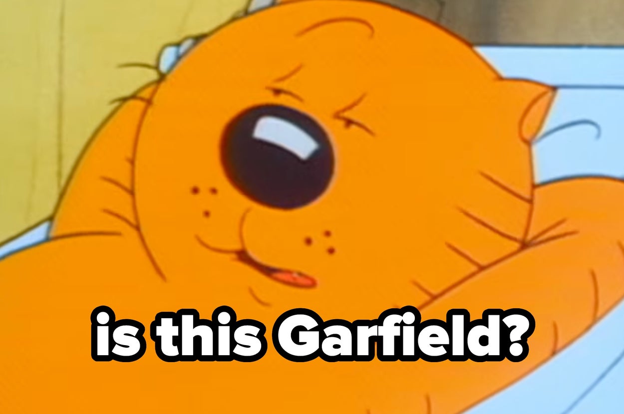 A cartoon cat relaxing with closed eyes and a content expression. Text reads: "is this Garfield?"