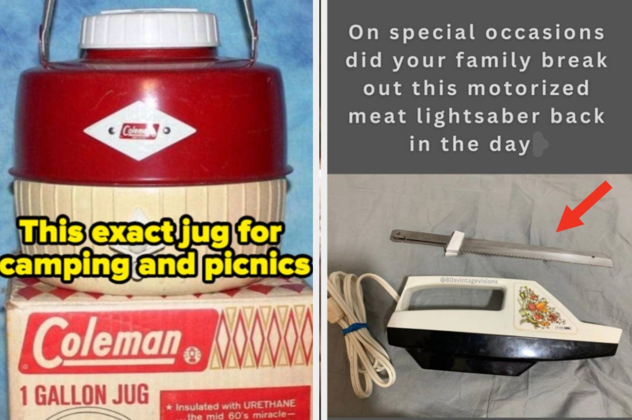 Split image with a vintage red Coleman jug on the left and a retro electric knife on the right. Text humorously compares them