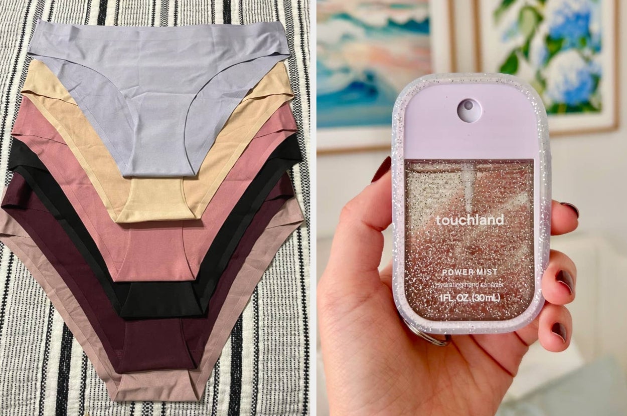 Five pairs of women's underwear in various styles and a hand holding a Touchland Power Mist, a compact hand sanitizer