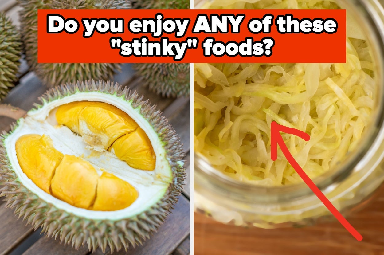 Durian fruit and sauerkraut in a jar are shown with text asking about enjoying "stinky" foods