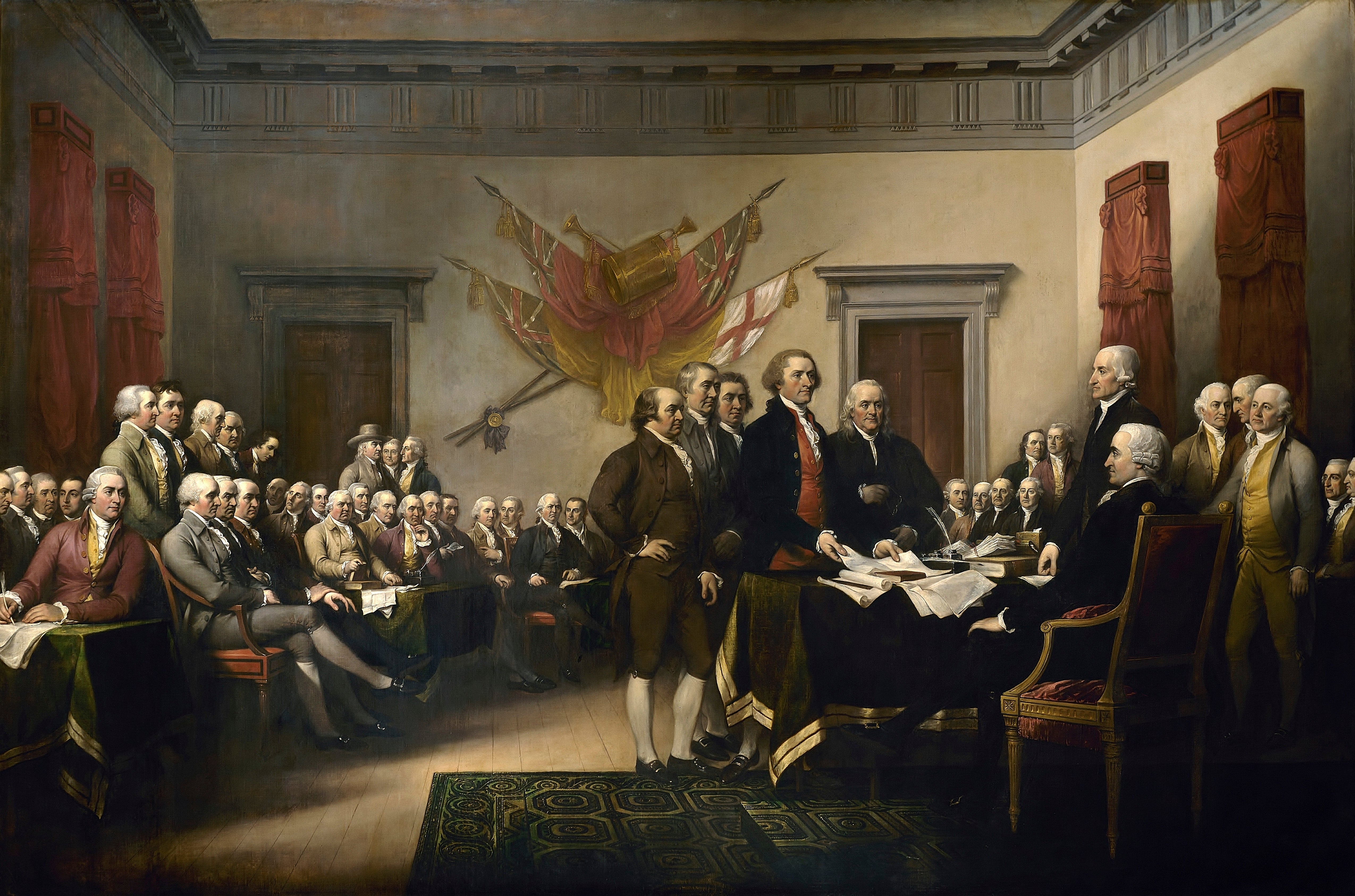 Painting of the Founding Fathers signing the Declaration of Independence successful  an assembly room, capturing a historical  infinitesimal   successful  American history