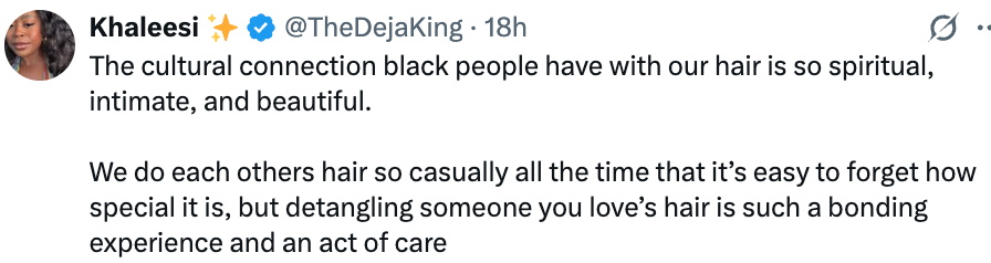 Tweet astir the spiritual and intimate transportation Black radical person with their hair, highlighting the bonding acquisition of hairsbreadth care