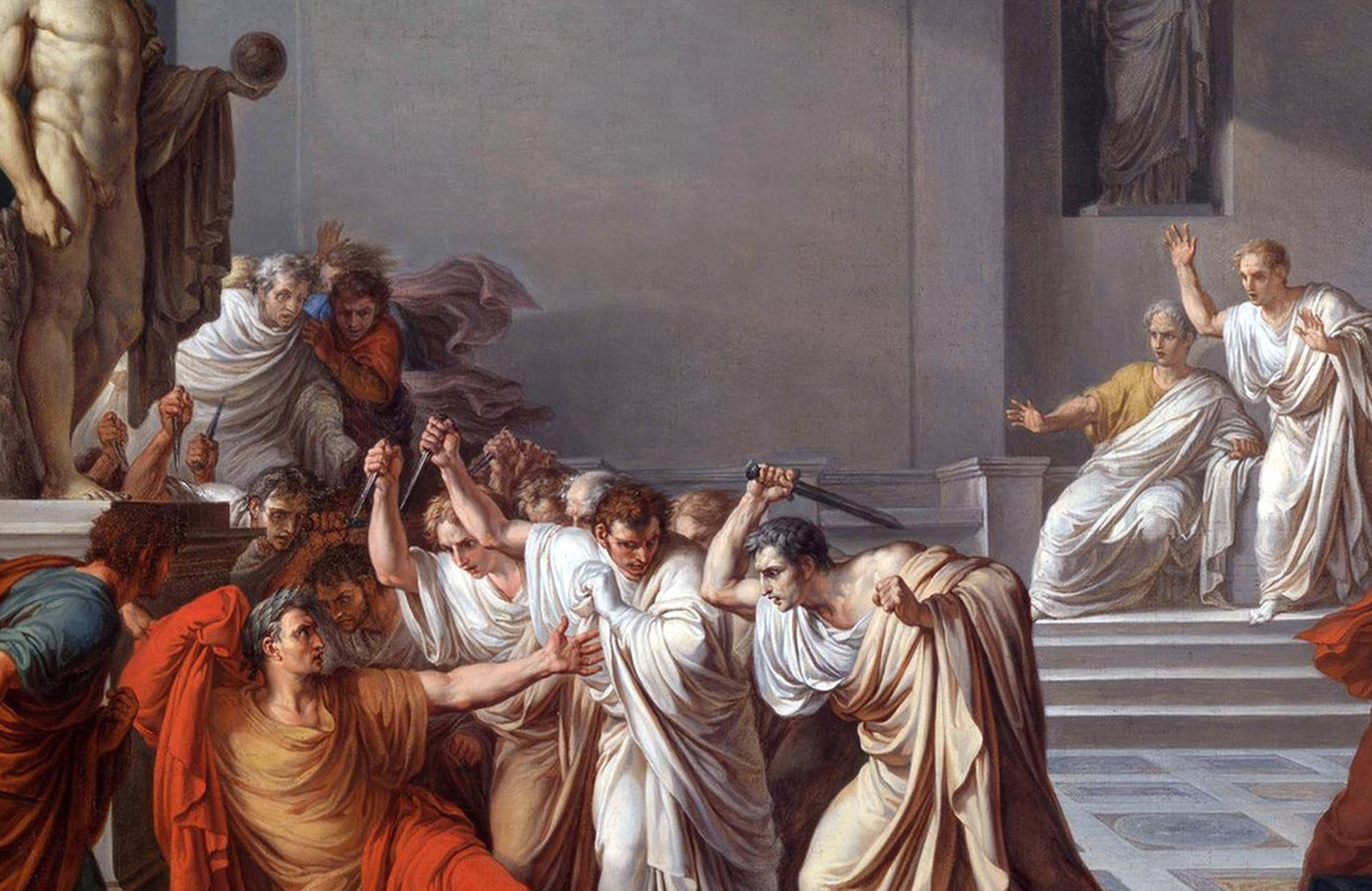 Classical coating  depicting Julius Caesar's assassination by Roman senators, with melodramatic  gestures successful  an past  temple setting