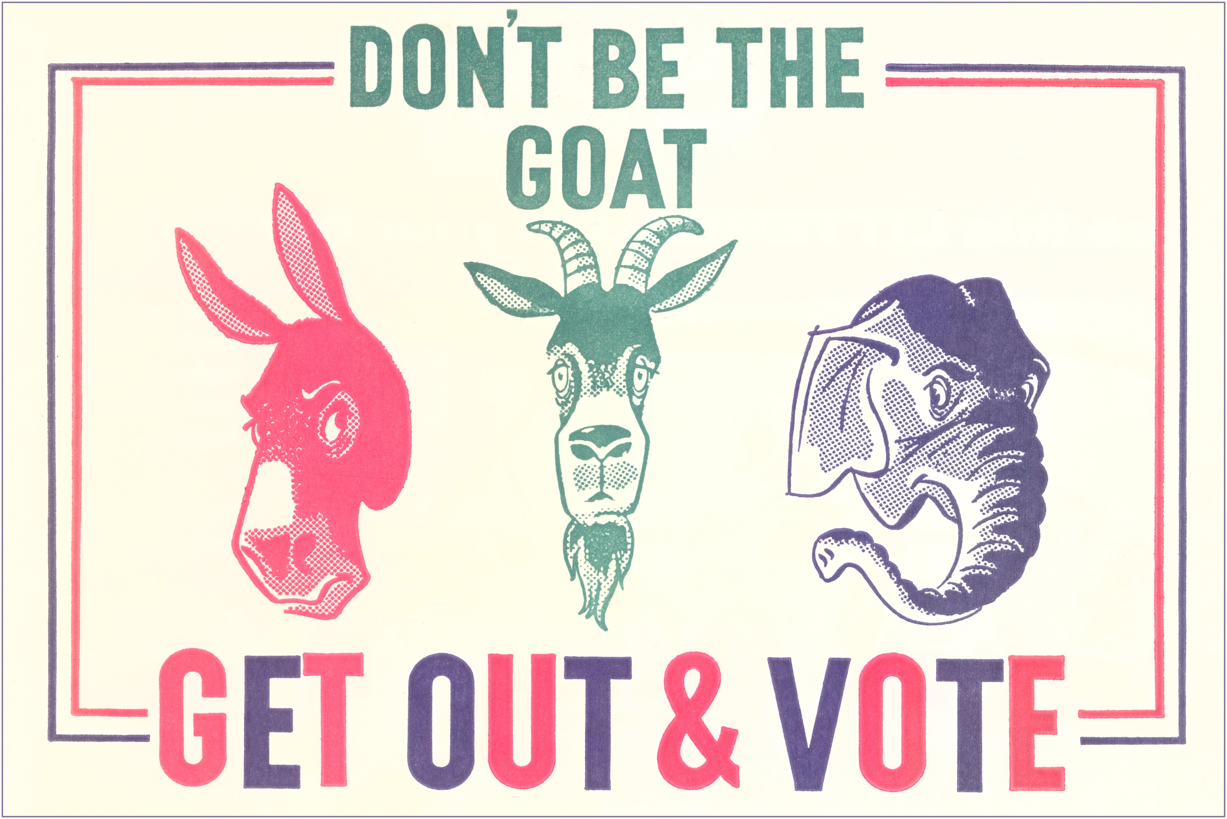 Stylized illustration of a donkey, goat, and elephant with substance   urging radical   to vote